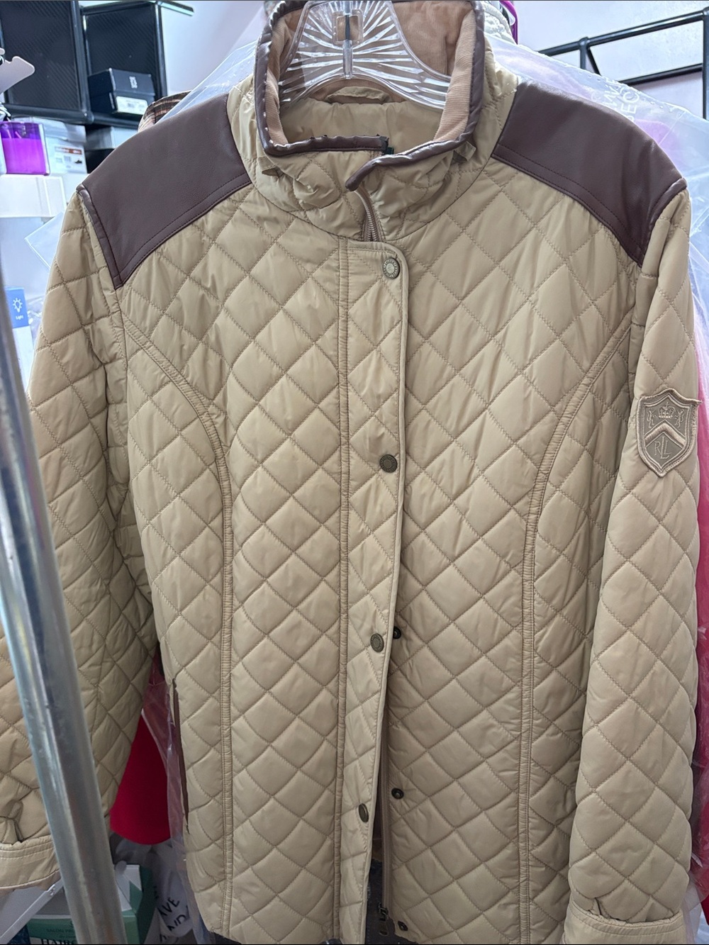 Ralph Lauren Quilted Beige Puffer Jacket with Brown Shoulder Panels